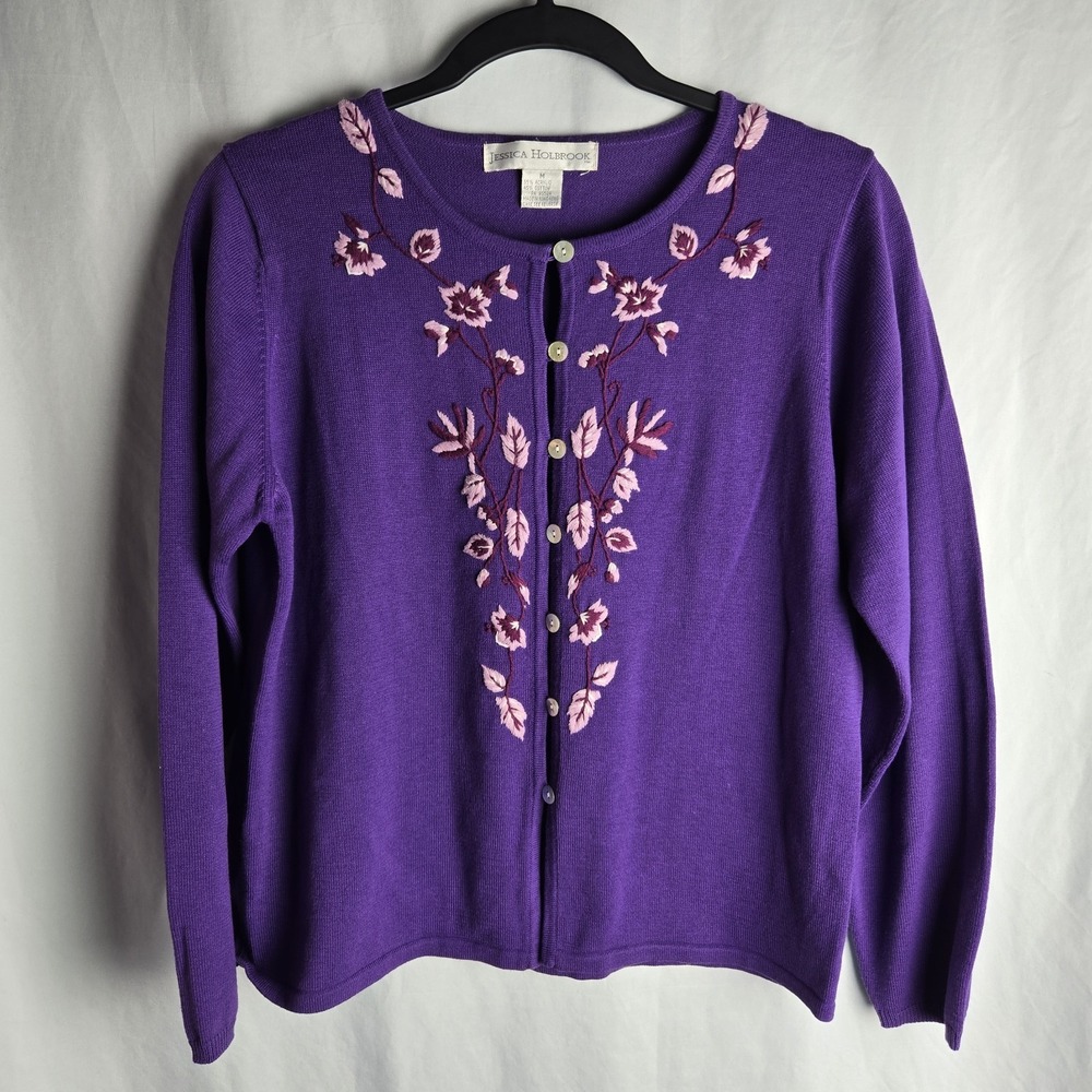 Vtg Jessica Holbrook Cardigan Sweater Floral‎ Embroidered Womens Medium Purple